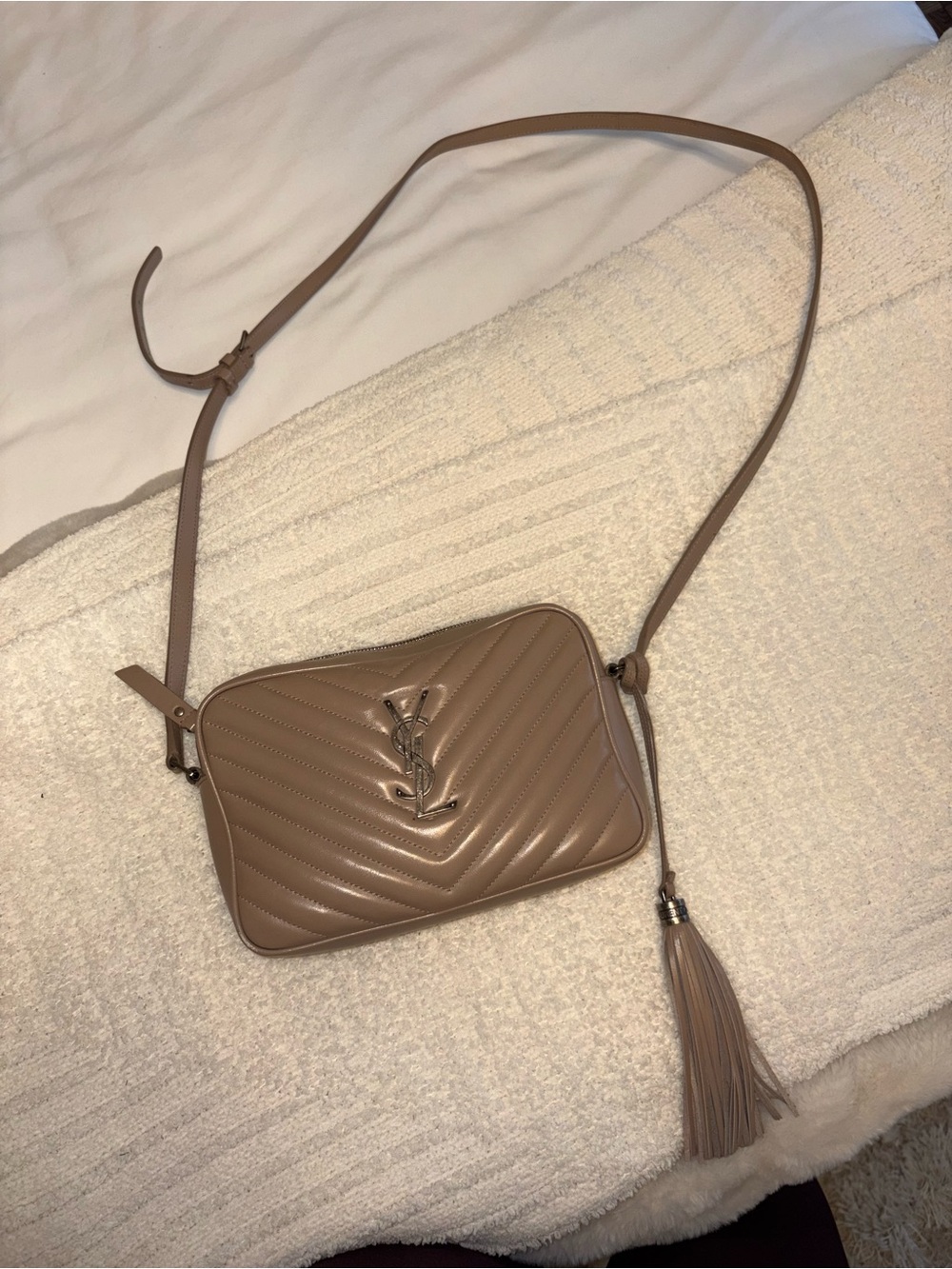 UPDATE: SOLD Saint Laurent Taupe Quilted Leather Crossbody Camera Bag w/ Tassel